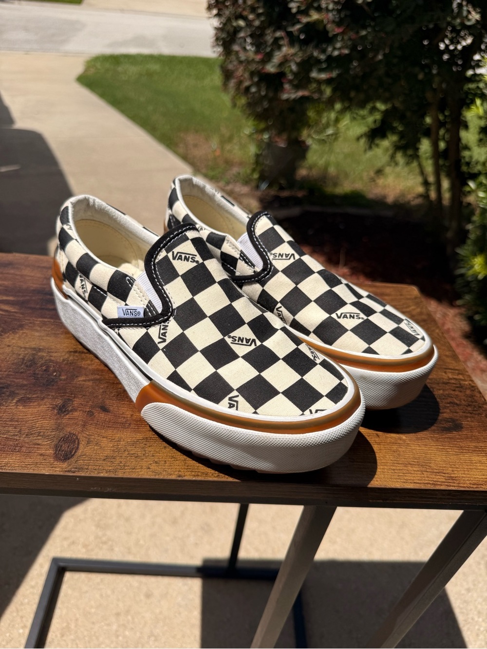 Vans Checkerboard Slip-On Loafers in Black & White with Tan Accent